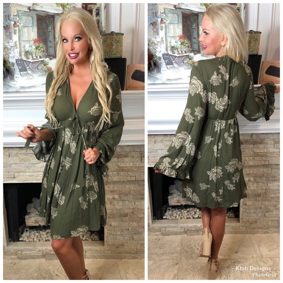 ❤️LAST 1! Olive V Neck Bell Sleeve Floral Dress! - Picture 5 of 6